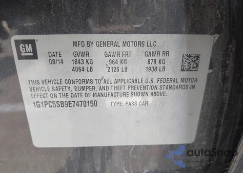 2014 Chevrolet Cruze 1Lt Auto из США, поврежденный, VIN 1G1PC5SB9E7470150